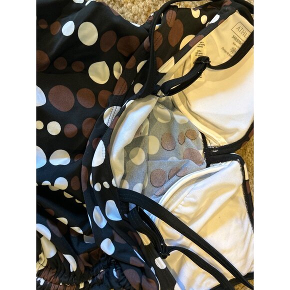 ATHLETA (34-C) Tankini Swim Top Bra Underwire RUCHED Black Brown Polka - Picture 5 of 6